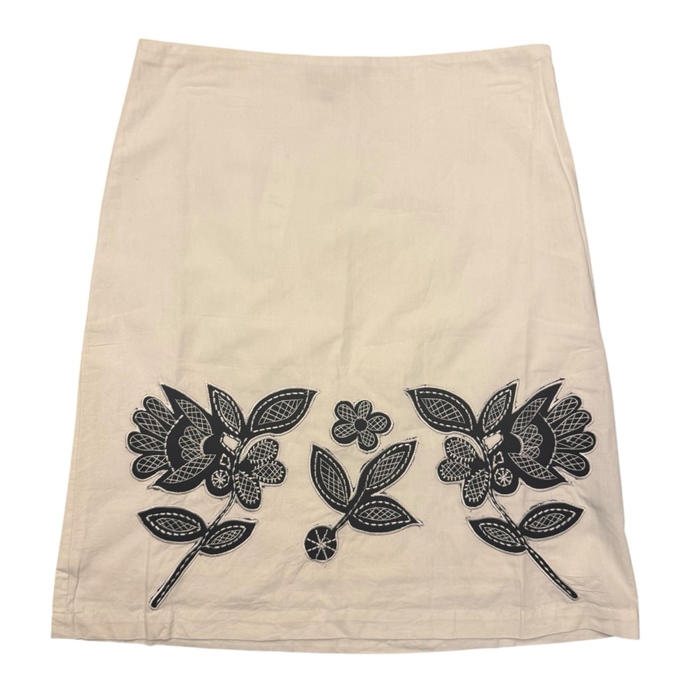 Chaudry Cotton Floral Patch Embellished Cream and Black Pencil Skirt Resort Wear
